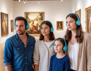 A family wearing audio headsets while observing artworks in a gallery setting.
