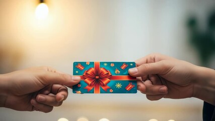 A joyful exchange of a beautifully designed gift card adorned with a festive bow symbolizing generosity and celebration set against a softly lit background with warm bokeh effects