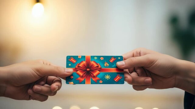 A joyful exchange of a beautifully designed gift card adorned with a festive bow symbolizing generosity and celebration set against a softly lit background with warm bokeh effects
