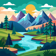 Serene mountain landscape with winding river and evergreen trees