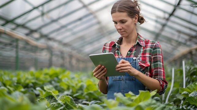 Woman farmer using tablet in greenhouse for smart farming and agriculture technology for crop management - Powered by Adobe