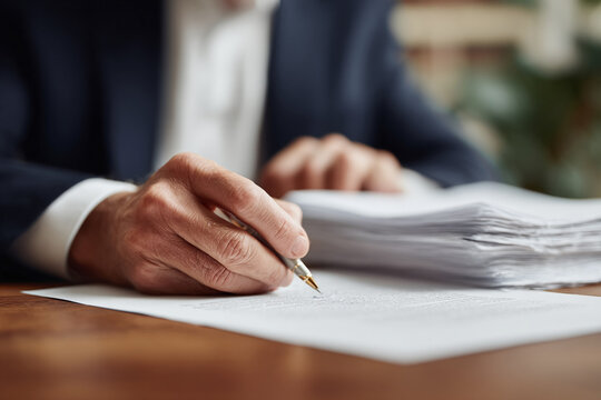 Closeup of a hand signing documents. Represents authority, agreement, legal matters, and meticulous work. Perfect for business, finance, and law related content.