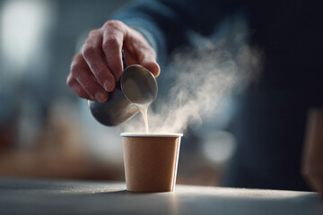 Barista pouring hot milk into a coffee cup, creating steam. Focus on the process, expertise, and craft of coffee making. Suitable for food or beverage related content.