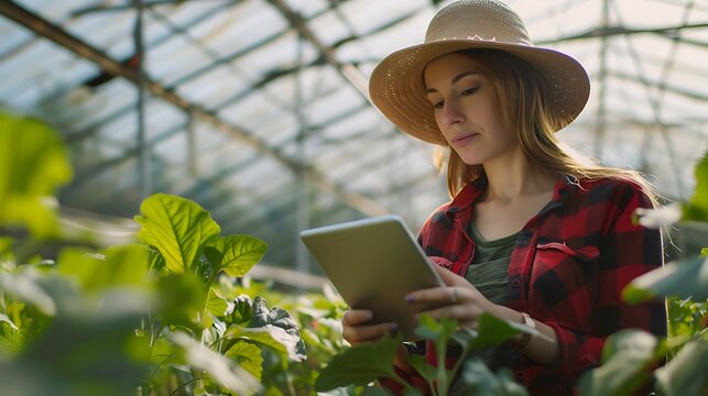 Woman farmer using tablet in greenhouse agriculture technology and smart farming concept