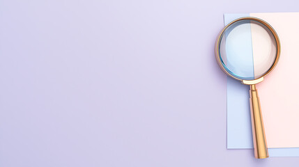 Magnifying glass resting on stacked colorful paper. Concept of close inspection, careful examination, and attention to details. Research, look closer.