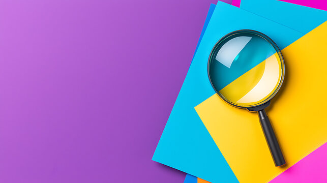 Magnifying glass over colorful papers in various hues. Focus, research, and exploration concept. Vivid, high-contrast, and visually engaging composition.
