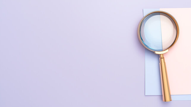 Magnifying glass resting on stacked colorful paper. Concept of close inspection, careful examination, and attention to details. Research, look closer.