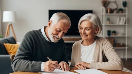 An elderly couple joyfully signing important documents together at a cozy home setting with a modern living room in the background suggesting a milestone or significant life event