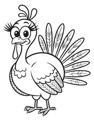 Happy Thanksgiving Turkey with Wagon Full of Pumpkins – Cartoon Harvest Holiday Coloring Page for Kids
