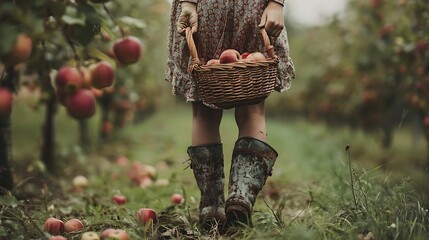 Apple picking in orchard girl with basket autumn harvest fall season farm fresh fruit organic agriculture