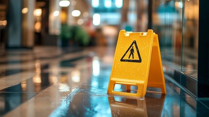Wet floor caution sign in a shopping mall. (2)