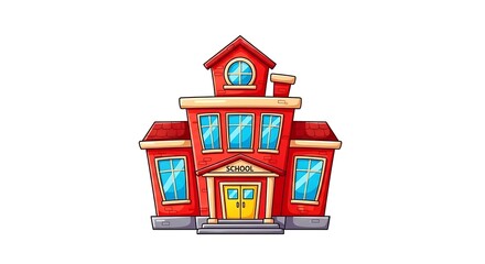 A cartoon drawing of a red school building with yellow doors and blue windows on a white background