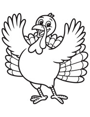 Funny Dancing Thanksgiving Turkey Cartoon with Spread Feathers – Cute Harvest Holiday Coloring Page for Kids
