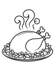 Roasted Thanksgiving Turkey on Plate with Steam, Holiday Dinner Feast Coloring Page for Kids