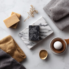 Fototapeta premium Minimalist spa still life on marble. Organic soaps, bath bomb, towel, and natural elements create a zen ambiance. Ideal for wellness, selfcare visuals.