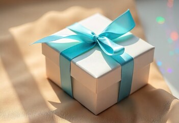 Stylish Wrapped Gift with Pastel Blue Bow on Neutral Background