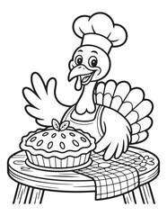 Funny Thanksgiving Turkey Chef with Pilgrim Hat Holding Pumpkin Pie, Holiday Feast Coloring Page for Kids

