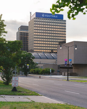 Syracuse, NY - Jul 30, 2025: Wide of The Equitable Tower, located at 120 Madison Street in Syracuse, NY, are a prominent feature of the city's skyline, also know as the twin tower with Axa tower