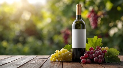 Fototapeta premium Elegant Wine Bottle with Empty White Label on Wooden Table – Premium Red and White Wine Display with Outdoor Blur Background