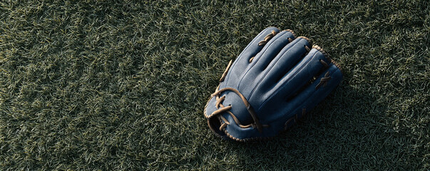 Serene overhead shot of a weathered blue baseball glove resting on vibrant green grass. Evokes themes of sportsmanship, leisure, memories, and Americana. Ideal for athletic, or nostalgic projects.