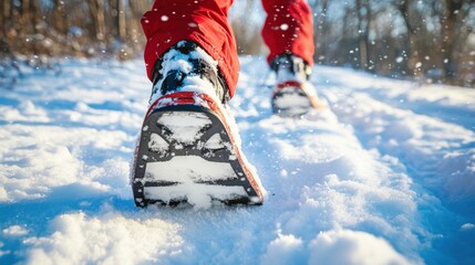 Close-up of snowshoes on a snowy path.