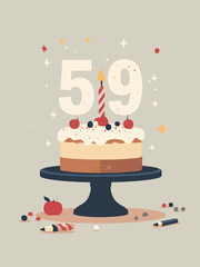 Age 59 – Birthday cake with “59” candle, crossword puzzle and pencil, palette: ash gray, black, ivory, red