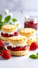 Strawberry shortcakes with whipped cream and jam