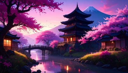 Tranquil Japanese Village at Dusk with Cherry Blossoms and Pagoda