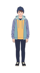 Naklejka premium Anime style character design of a young man in a colorful hoodie and beanie. Full body illustration on a white background.