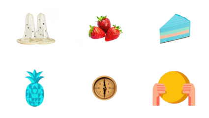 Collection of six diverse food and object icons including candles strawberries cake pineapple coin and hands holding a coin isolated on transparent background