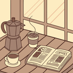 Cozy coffee break with a newspaper and moka pot by the window