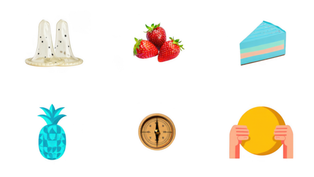Collection of six diverse food and object icons including candles strawberries cake pineapple coin and hands holding a coin isolated on transparent background
