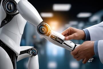 Innovative collaboration between humans and robotics in a futuristic laboratory setting showcasing advanced technology