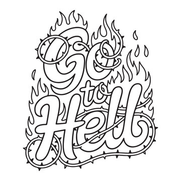 Bold &ldquo;Go to Hell&rdquo; Swear Word Coloring Page &ndash; Funny Sarcastic Adult Humor Printable with Flames and Dramatic Typography &ndash; Stress Relief Cuss Word Coloring Sheet