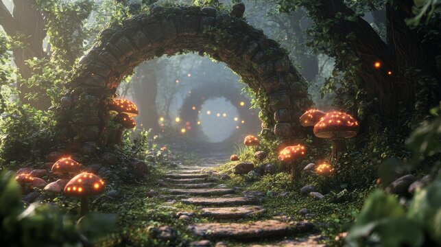 Deep within a thriving forest, an alluring covert alcove is tucked away, boasting a stunning stone archway smothered in an abundance of vines and moss, with radiant mushrooms aglow