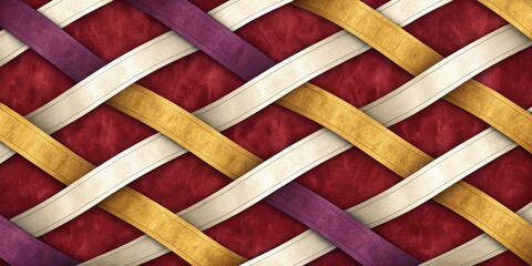 Intricate woven pattern with diagonal bands of purple white and gold