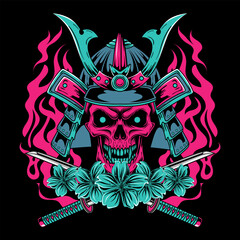 A detailed illustration of a skull wearing a samurai helmet surrounded by cherry blossom flowers and stylized flames. Great for apparel designs, posters, and other printed materials.