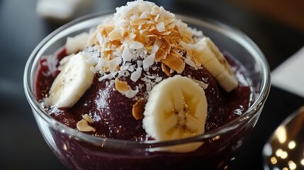 Delicious acai bowl topped with fresh banana slices and coconut flakes ready to enjoy in a cozy cafe setting