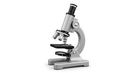 A silver microscope with multiple lenses and a black eyepiece on a white background in a studio shot