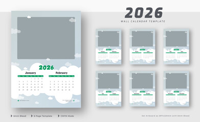 2026 wall calendar 6-page template | Monthly wall calendar planner layout | Week starts on Monday