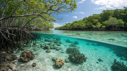 Mangrove roots meet clear turquoise water and coral reef