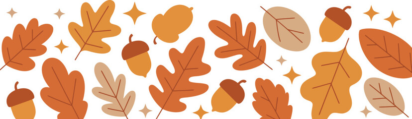 Decorative Border of Autumnal Leaves and Acorns, Isolated on a Transparent Background
