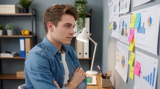 Focused businessman organizing ideas with stickers on board while thinking strategically about business planning and problem-solving process
