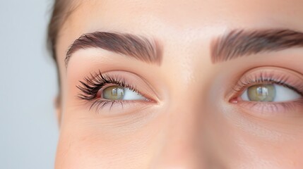 Fototapeta premium Eye makeup close up, Green eyes and defined lashes, Natural brows beauty detail, Fair skin skincare image, Minimal cosmetic banner, Selective focus