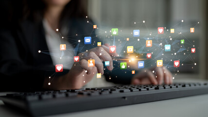 Social media interaction digital icons floating show concept of social media marketing. Online engagement, influencer marketing, and modern connection technology. Spline