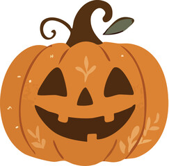 A cheerful Halloween jack-o'-lantern with a big smile, triangle eyes, and decorative leaf patterns on its orange surface.