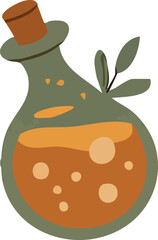 A whimsical potion bottle filled with bubbling orange liquid, sealed with a cork and decorated with leafy accents, evoking a magical or Halloween theme.