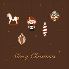 Christmas greeting card with decorations: nutcracker, rocking horse, glass ball. Hanging elements and greeting text - Merry Christmas. Hand drawn vector design