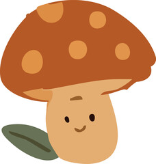 A cute cartoon mushroom with a smiling face, featuring a red cap with orange spots and a single green leaf beside it.