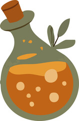 A whimsical potion bottle filled with bubbling orange liquid, sealed with a cork and decorated with leafy accents, evoking a magical or Halloween theme.